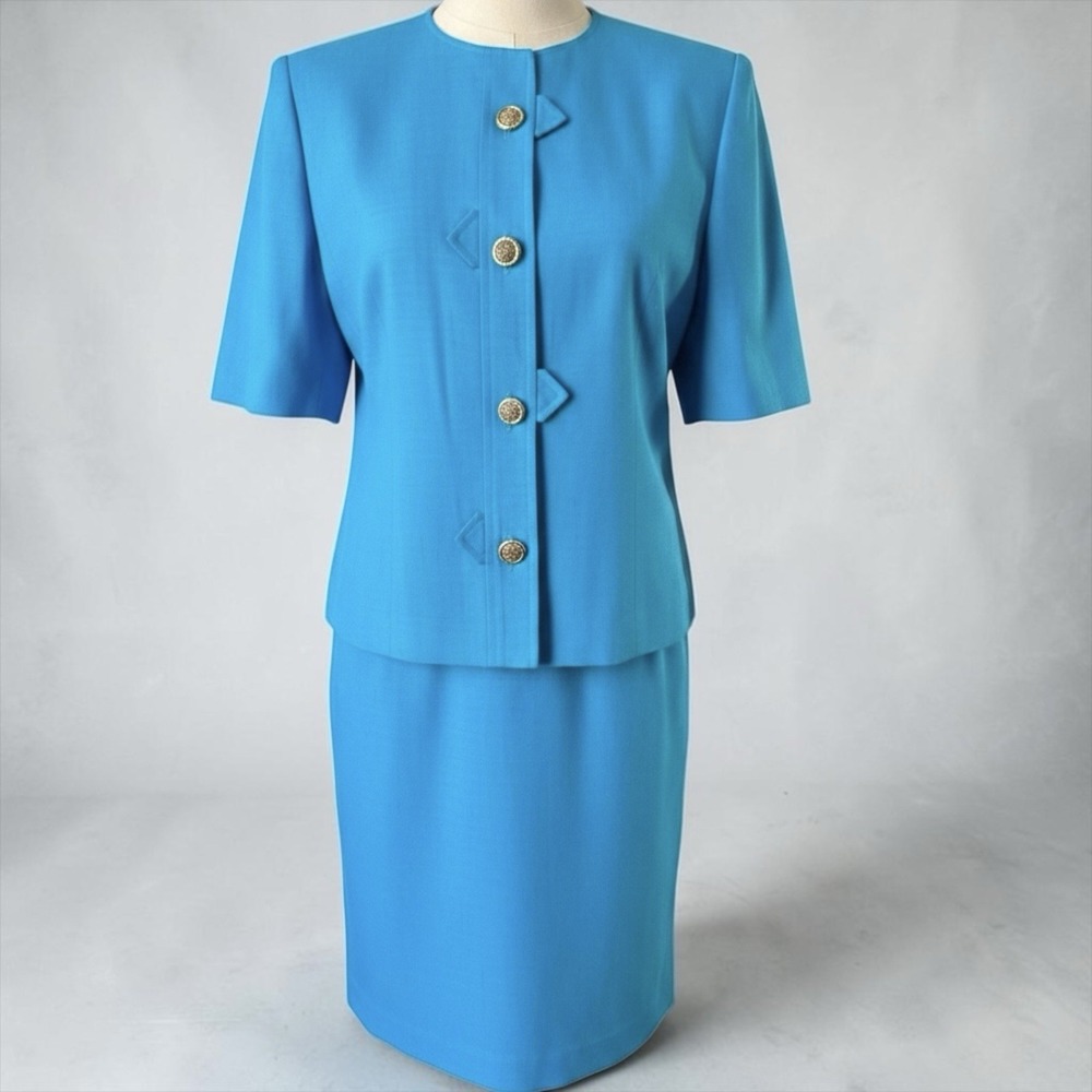 Vintage Gene Roye Turquoise Skirt Suit Set Gold Button Made USA Size 14